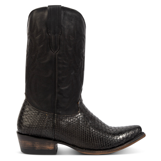 FREEBIRD men's Marshall black python leather western cowboy boot with shaft stitch detailing, snip toe construction and leather pull straps