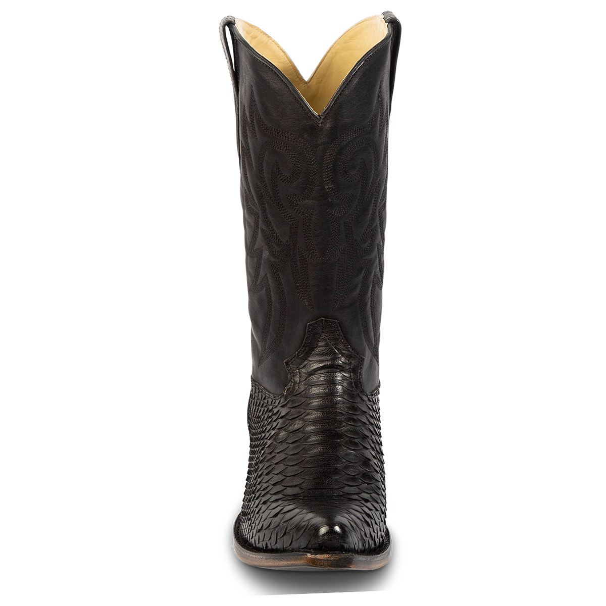 Front view showing FREEBIRD men's Marshall black python leather western cowboy boot with shaft stitch detailing, snip toe construction and leather pull straps