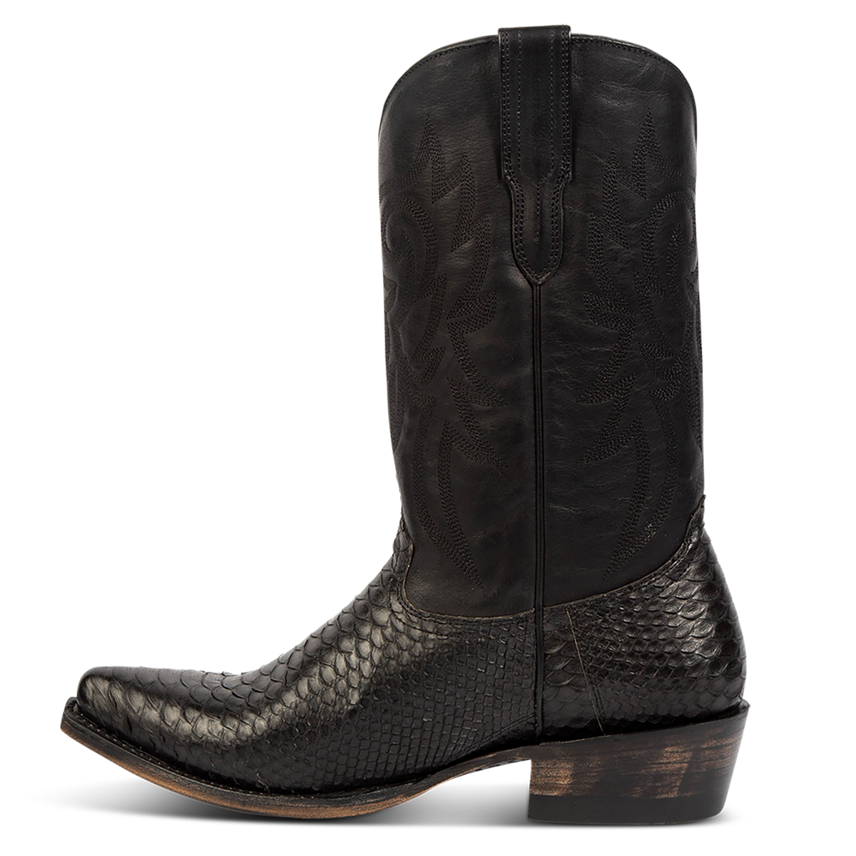 Inside view FREEBIRD men's Marshall black python leather western cowboy boot with shaft stitch detailing, snip toe construction and leather pull straps