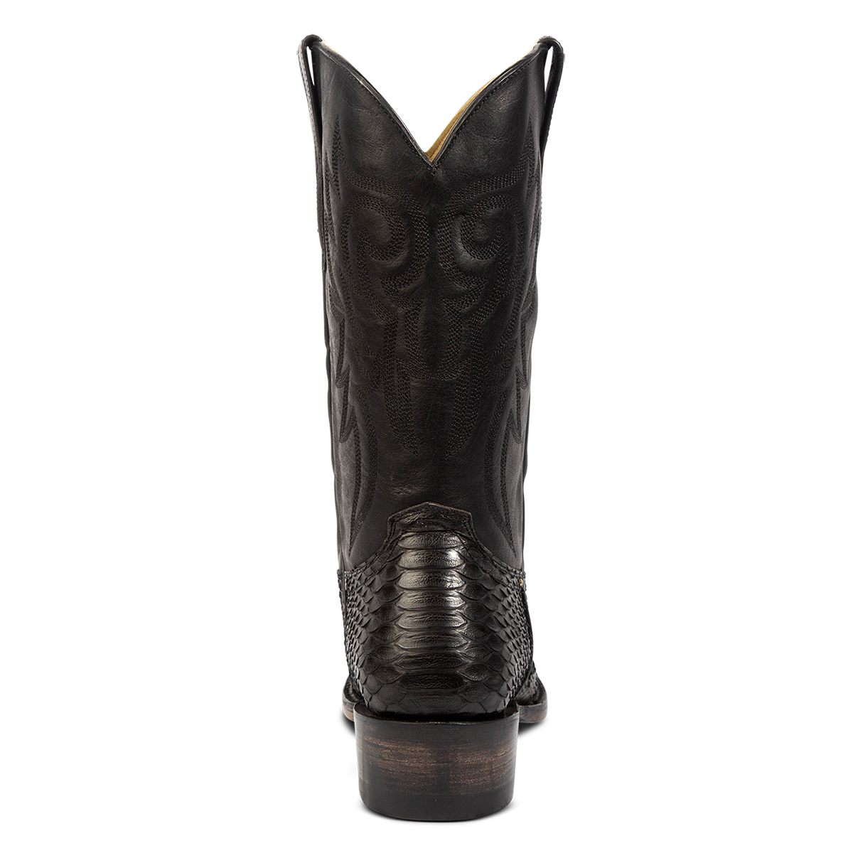 Back view showing FREEBIRD men's Marshall black python leather western cowboy boot with shaft stitch detailing, snip toe construction and leather pull straps