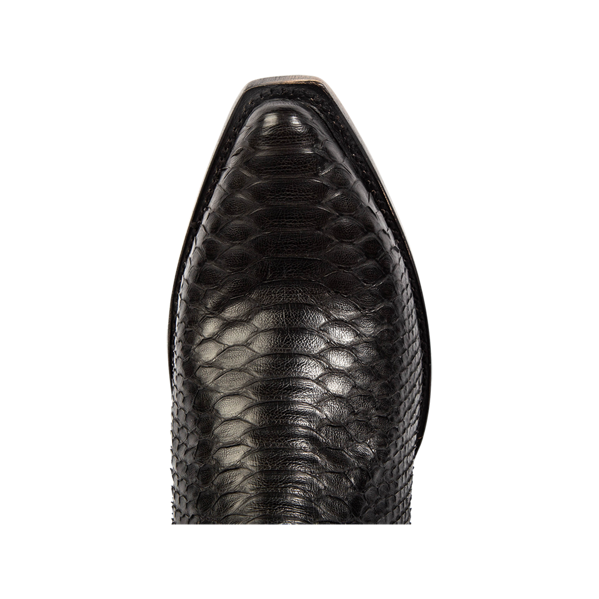 Top view showing snip toe construction and stitch detailing on FREEBIRD men's Marshall black python leather western cowboy boot