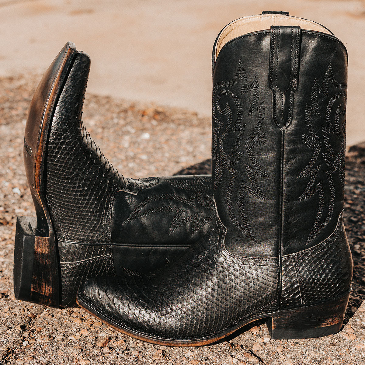 FREEBIRD men's Marshall black python leather western cowboy boot with shaft stitch detailing, snip toe construction and leather pull straps