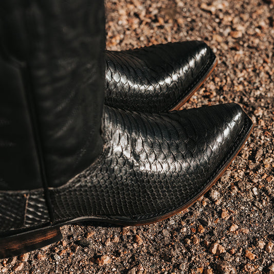 FREEBIRD men's Marshall black python leather western cowboy boot with shaft stitch detailing, snip toe construction and leather pull straps