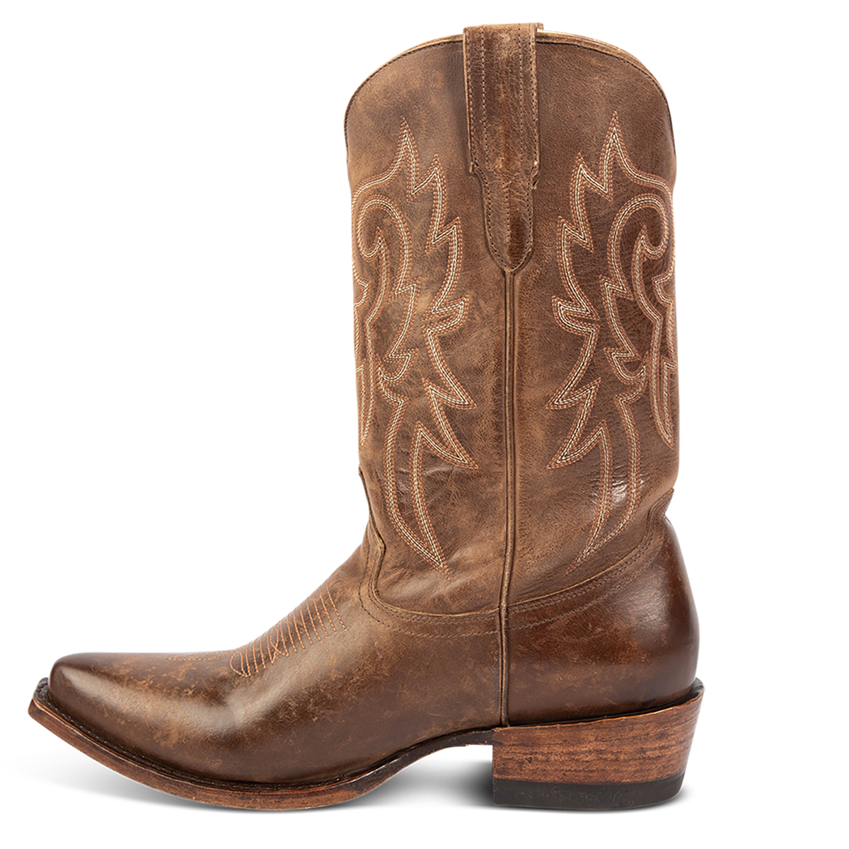 Inside view showing FREEBIRD men's Marshall brown leather western cowboy boot with shaft stitch detailing, snip toe construction and leather pull straps