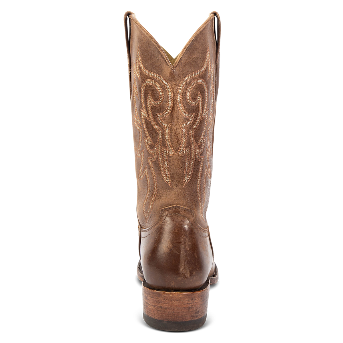 Back view showing FREEBIRD men's Marshall brown distressed leather western cowboy boot with shaft stitch detailing, a stacked heel and leather pull straps