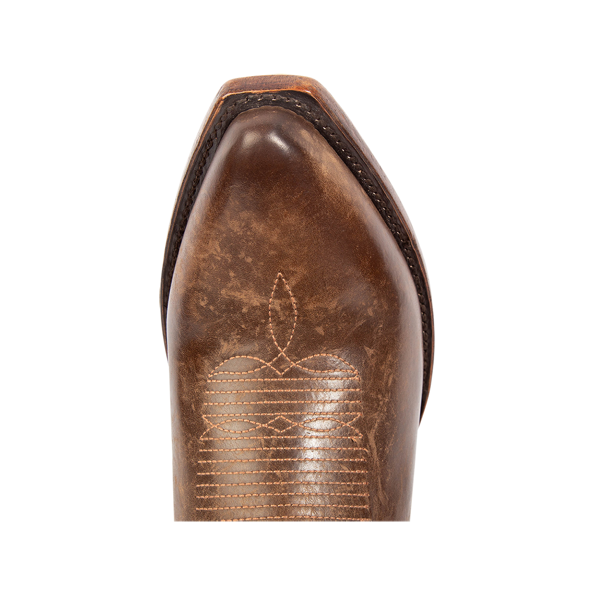 Top view showing snip toe construction and stitch detailing on FREEBIRD men's Marshall brown leather western cowboy boot