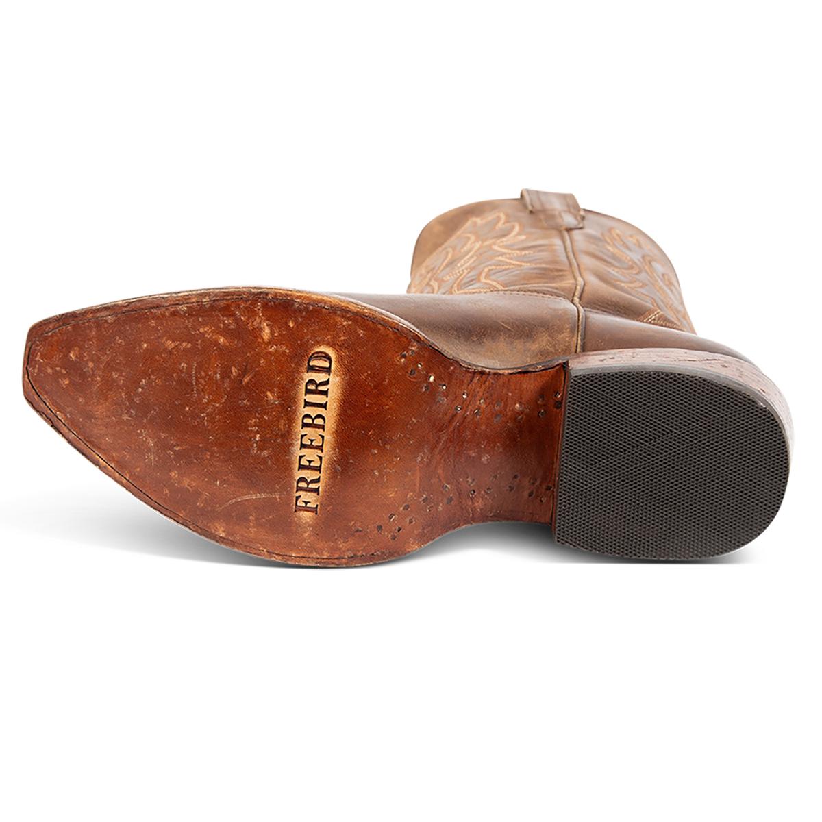 Leather sole imprinted with FREEBIRD on men's Marshall Brown  western cowboy boot
