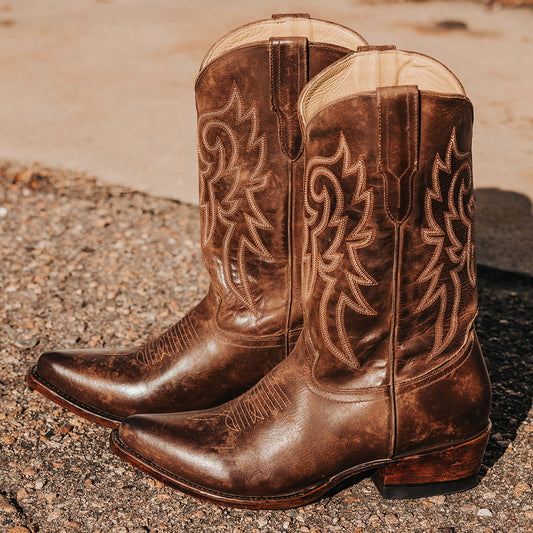 FREEBIRD men's Marshall brown leather western cowboy boot with shaft stitch detailing, snip toe construction and leather pull straps