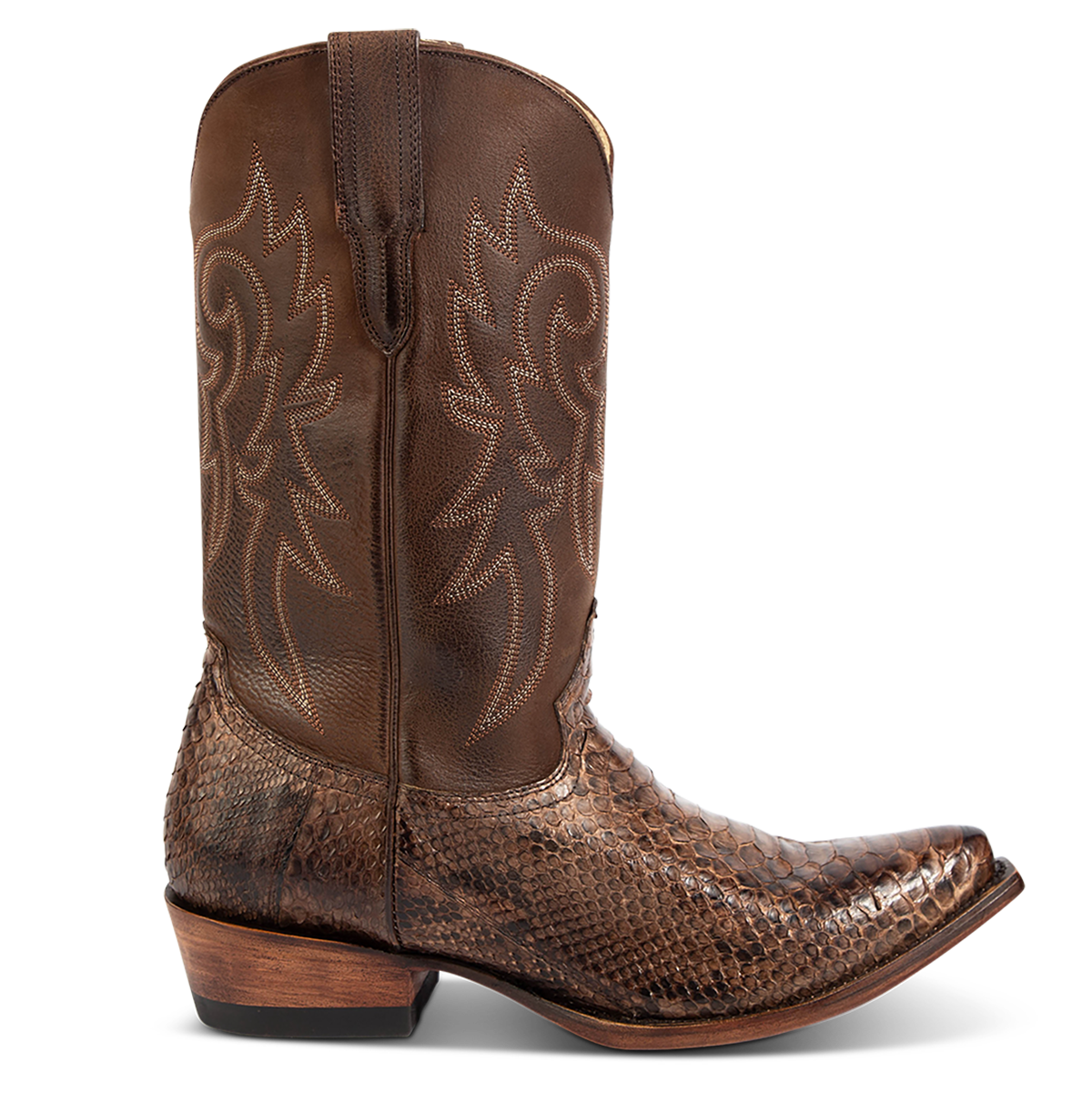 FREEBIRD men's Marshall brown python leather western cowboy boot with shaft stitch detailing, snip toe construction and leather pull straps