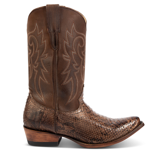 FREEBIRD men's Marshall brown python leather western cowboy boot with shaft stitch detailing, snip toe construction and leather pull straps