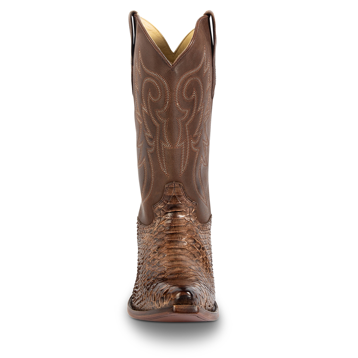 Front view showing FREEBIRD men's Marshall brown python leather western cowboy boot with shaft stitch detailing, snip toe construction and leather pull straps
