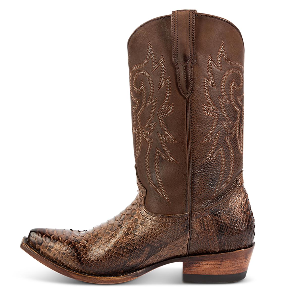Inside view FREEBIRD men's Marshall brown python leather western cowboy boot with shaft stitch detailing, snip toe construction and leather pull straps
