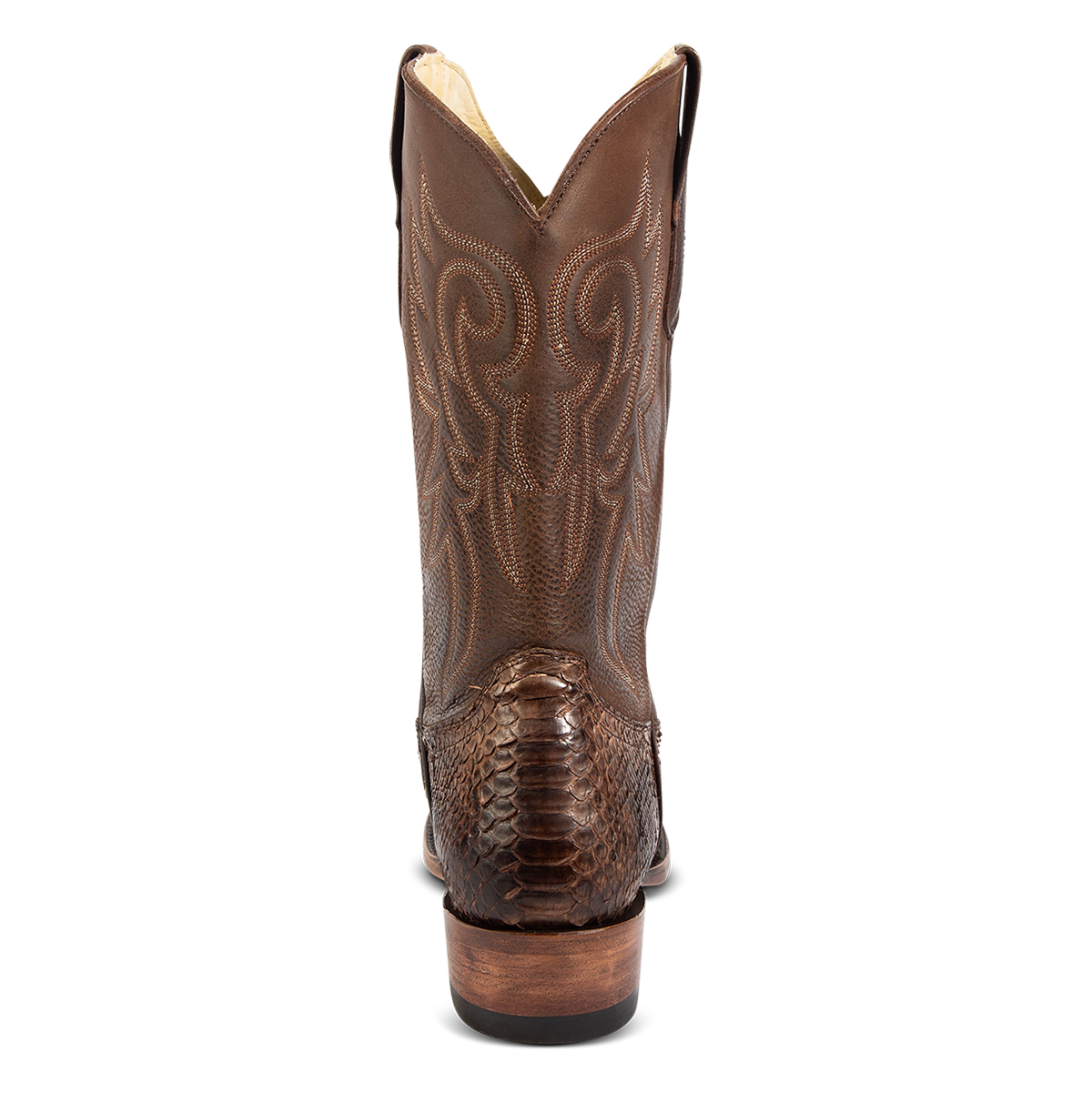 Back view showing FREEBIRD men's Marshall brown python leather western cowboy boot with shaft stitch detailing, snip toe construction and leather pull straps