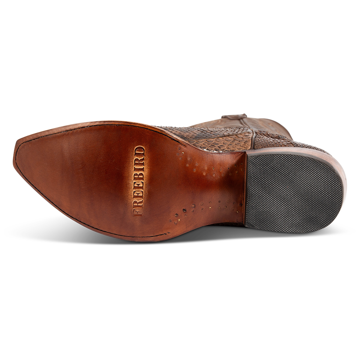 Leather sole imprinted with FREEBIRD on men's Marshall brown python leather western cowboy boot
