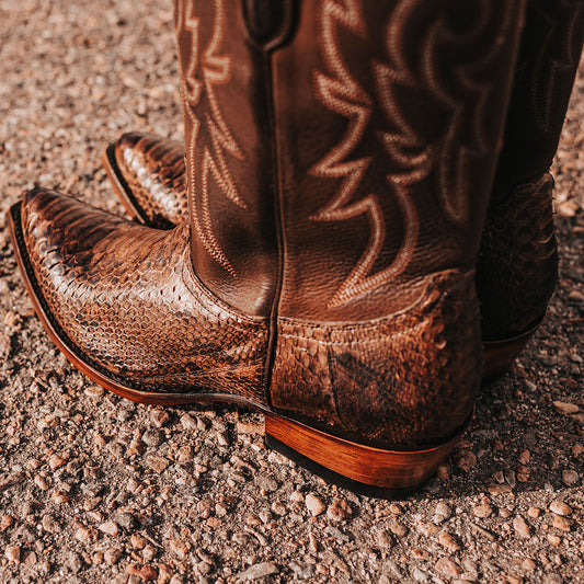 FREEBIRD men's Marshall brown python leather western cowboy boot with shaft stitch detailing, snip toe construction and leather pull straps