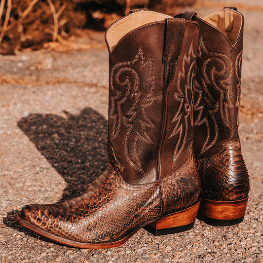 FREEBIRD men's Marshall brown python leather western cowboy boot with shaft stitch detailing, snip toe construction and leather pull straps