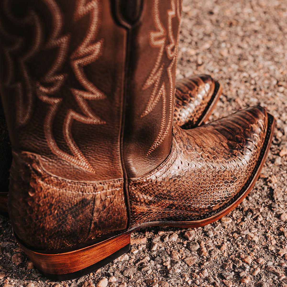 FREEBIRD men's Marshall brown python leather western cowboy boot with shaft stitch detailing, snip toe construction and leather pull straps