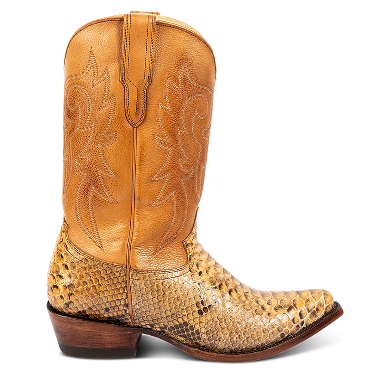 FREEBIRD men's Marshall canary python leather western cowboy boot with shaft stitch detailing, snip toe construction and leather pull straps