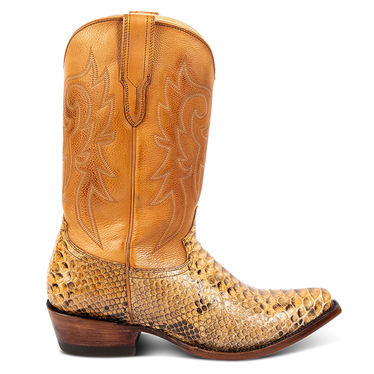 FREEBIRD men's Marshall canary python leather western cowboy boot with shaft stitch detailing, snip toe construction and leather pull straps