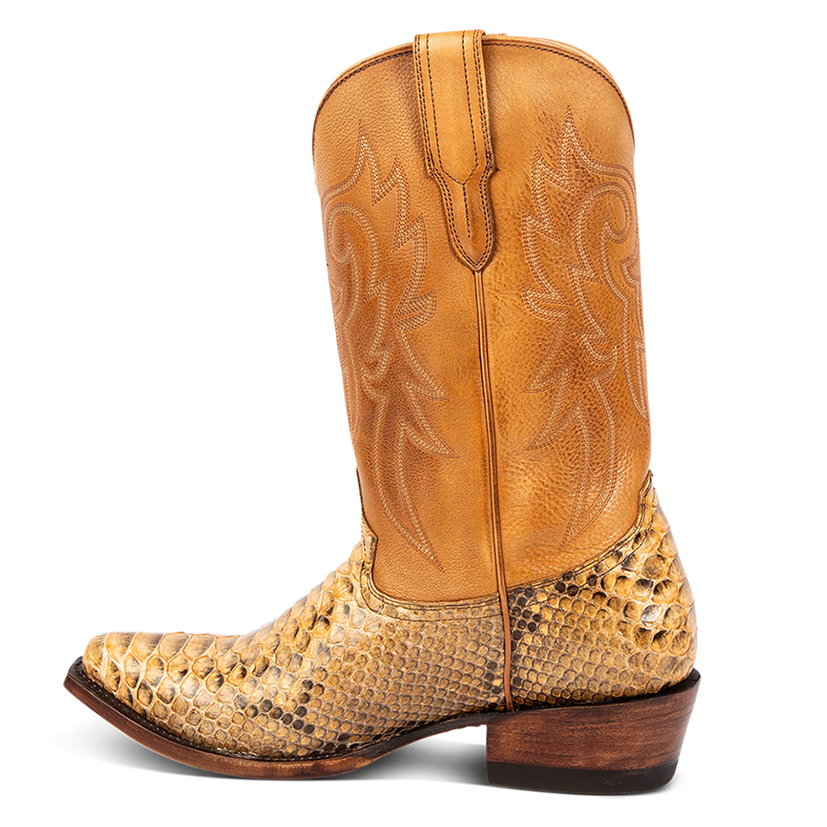 Inside view showing FREEBIRD men's Marshall canary python leather western cowboy boot with shaft stitch detailing, snip toe construction and leather pull straps