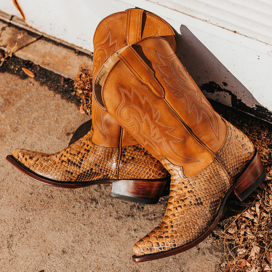 FREEBIRD men's Marshall canary python leather western cowboy boot with shaft stitch detailing, snip toe construction and leather pull straps