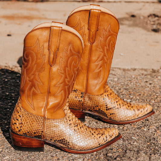 FREEBIRD men's Marshall canary python leather western cowboy boot with shaft stitch detailing, snip toe construction and leather pull straps