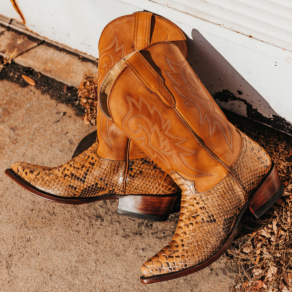 FREEBIRD men's Marshall canary python leather western cowboy boot with shaft stitch detailing, snip toe construction and leather pull straps