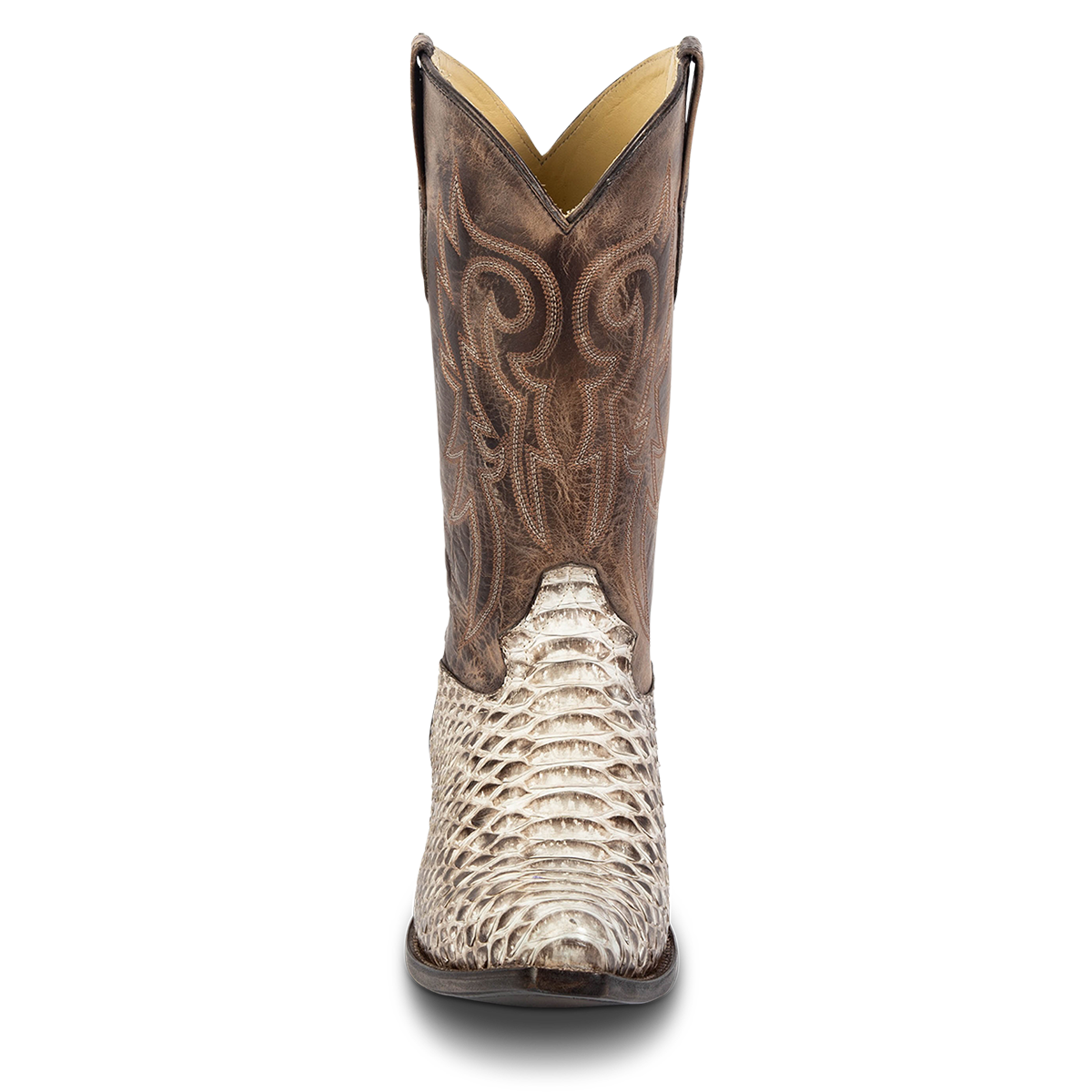 Front view showing FREEBIRD men's Marshall grey python leather western cowboy boot with shaft stitch detailing, snip toe construction and leather pull straps