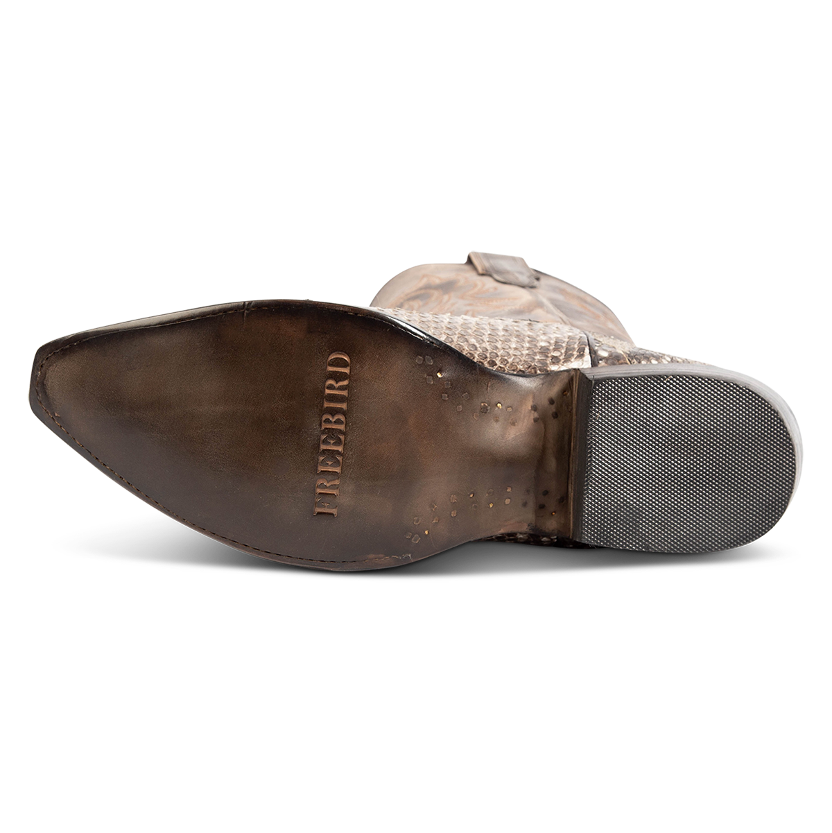 Leather sole imprinted with FREEBIRD on men's Marshall grey python leather western cowboy boot