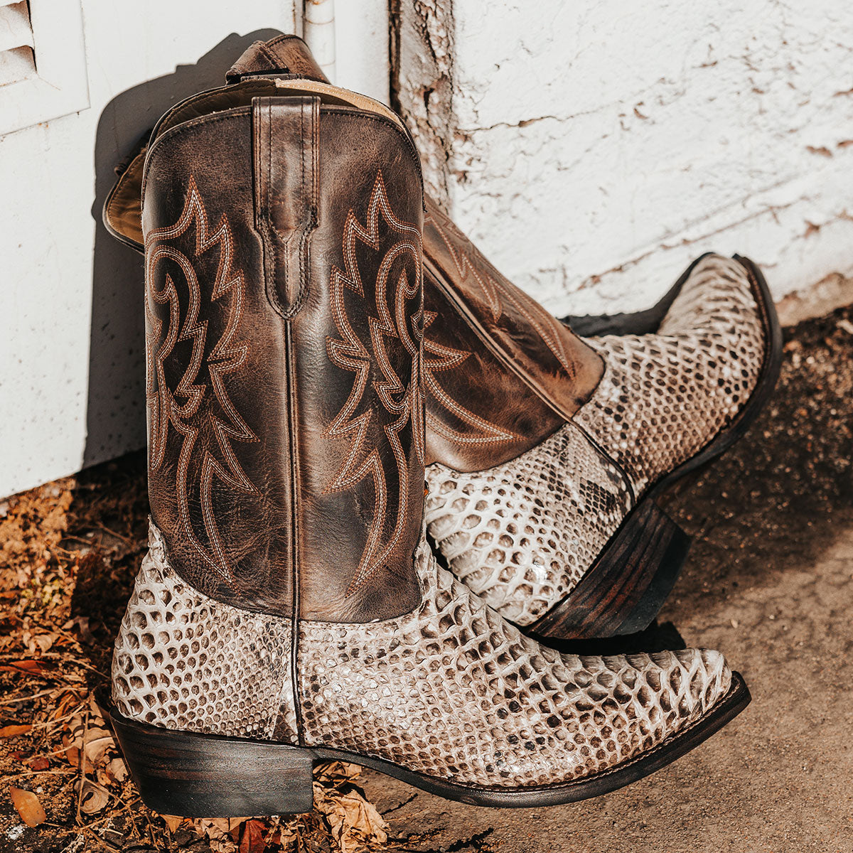 FREEBIRD men's Marshall grey python leather western cowboy boot with shaft stitch detailing, snip toe construction and leather pull straps