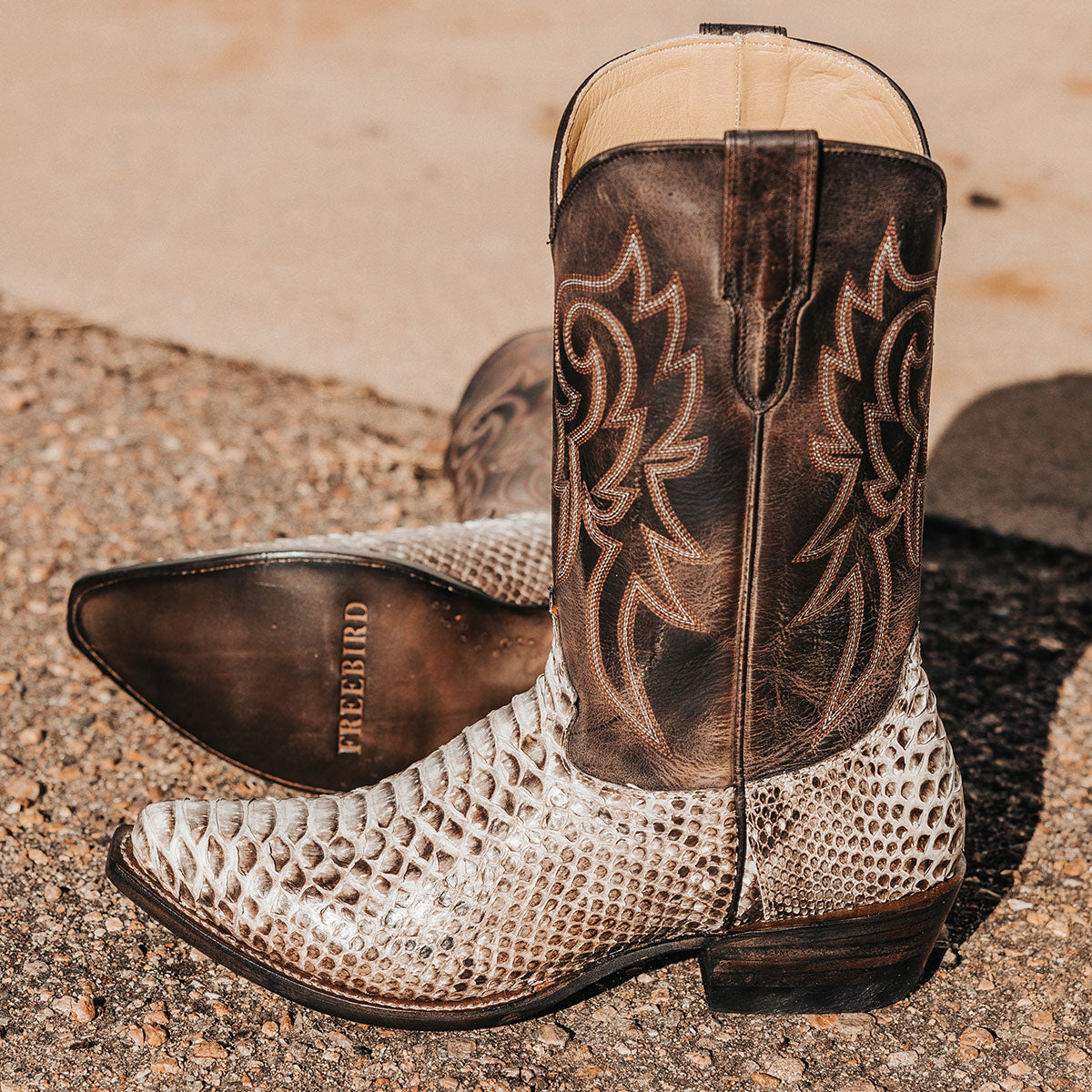 FREEBIRD men's Marshall grey python leather western cowboy boot with shaft stitch detailing, snip toe construction and leather pull straps