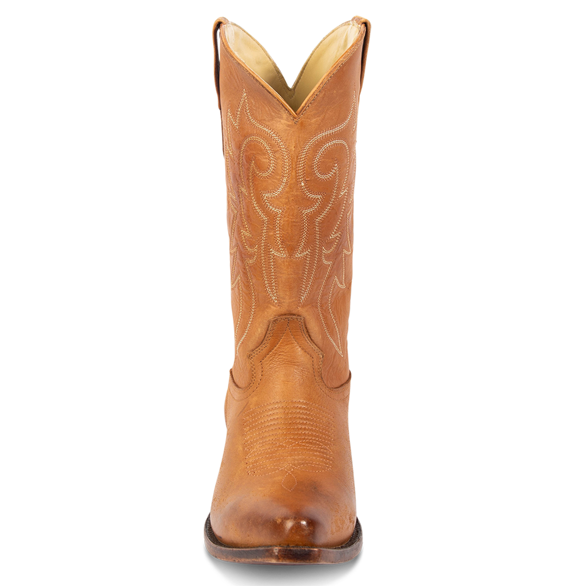 Front view showing FREEBIRD men's Marshall whiskey leather western cowboy boot with shaft stitch detailing, snip toe construction and leather pull straps