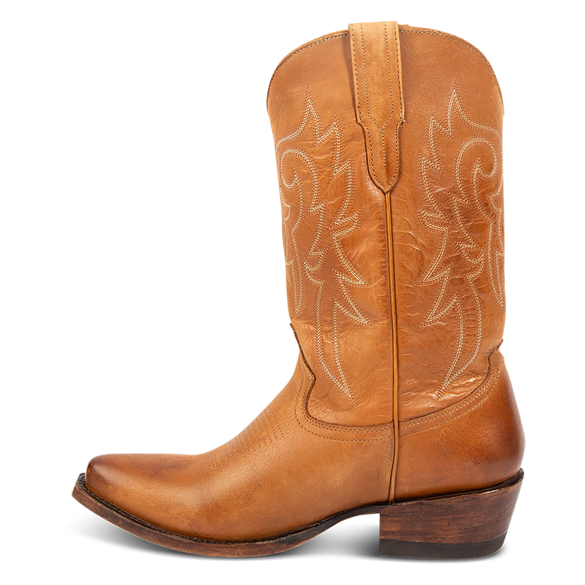 Inside view showing FREEBIRD men's Marshall whiskey leather western cowboy boot with shaft stitch detailing, snip toe construction and leather pull straps