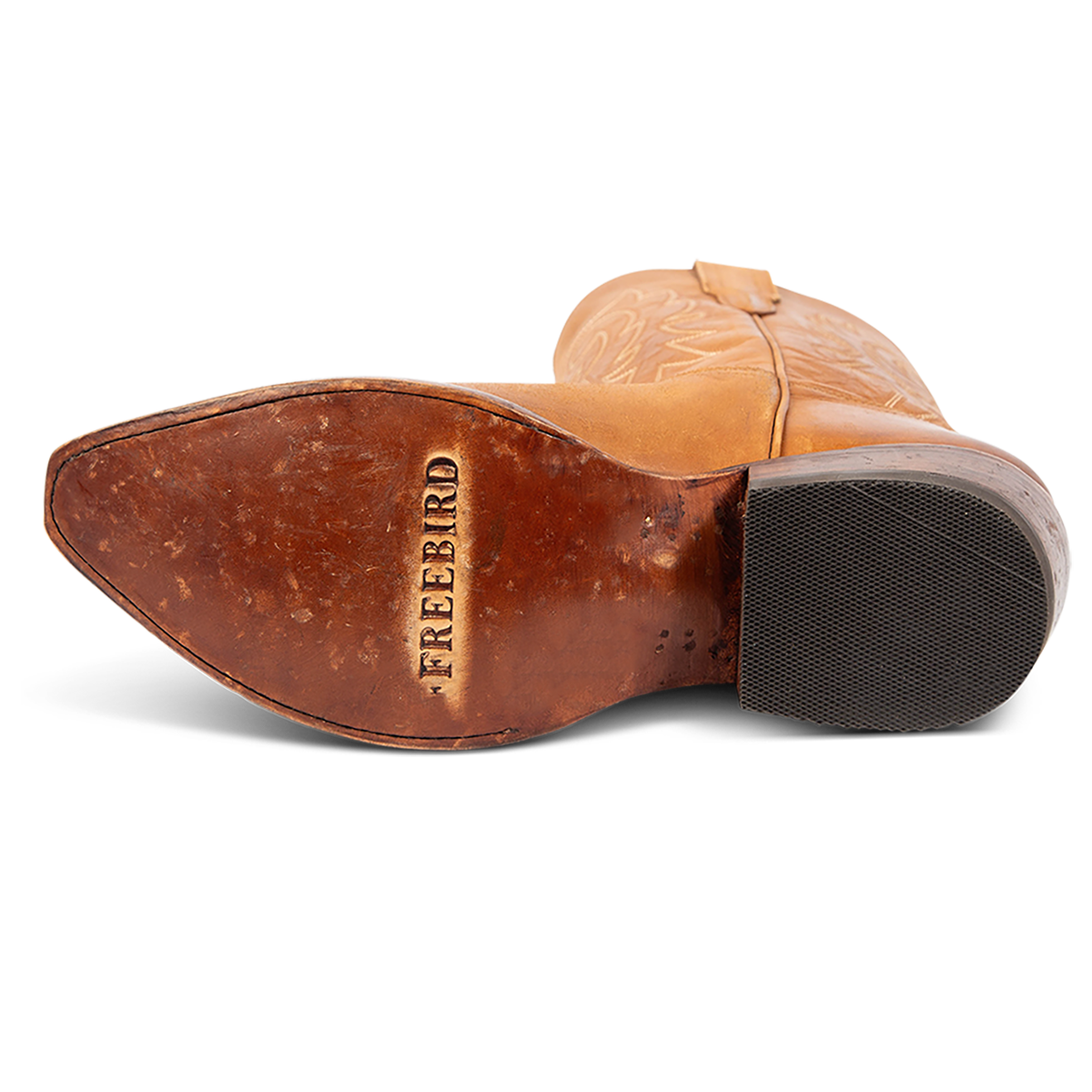 Leather sole imprinted with FREEBIRD on men's Marshall whiskey leather western cowboy boot