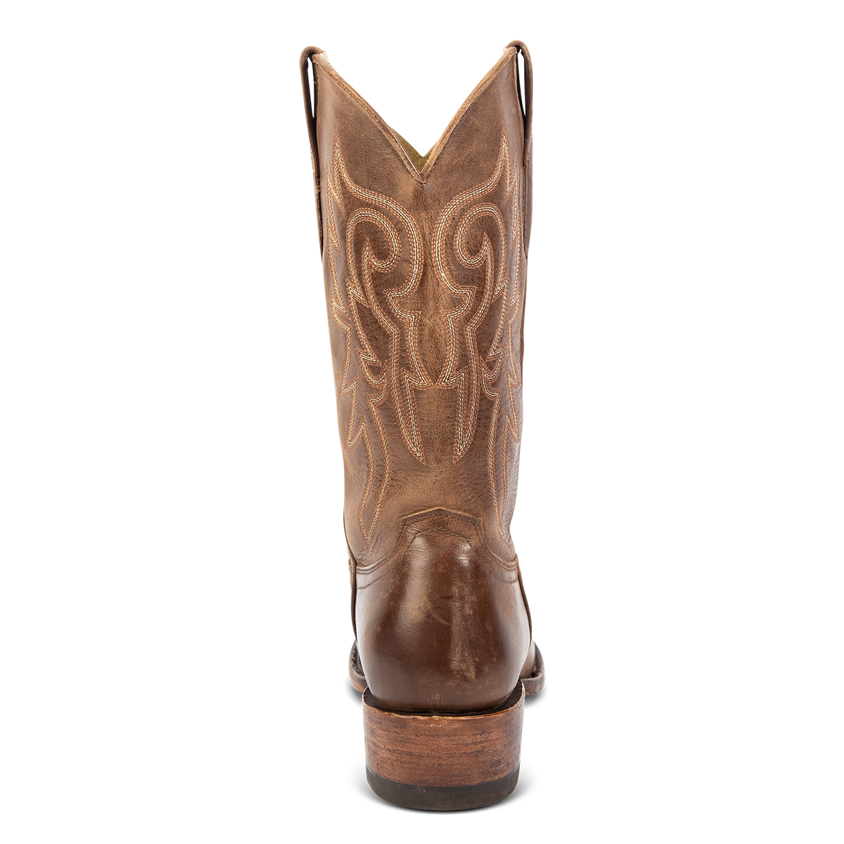 Back view showing FREEBIRD men's Marshall brown distressed leather western cowboy boot with shaft stitch detailing, a stacked heel and leather pull straps
