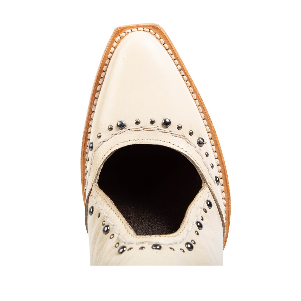 Top view showing a slim snip toe and open instep construction with silver stud detailing on FREEBIRD women's Melody beige leather shoe