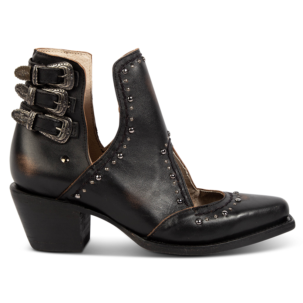 FREEBIRD women's Melody black leather shoe with v-cut sides, stud detailing, and low heel