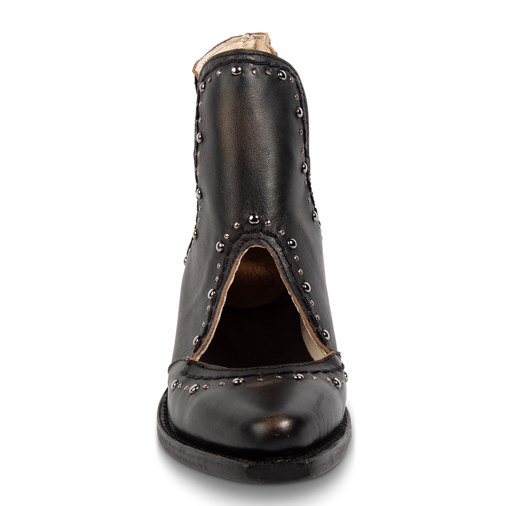Front view showing instep cutout and silver stud trim detailing on FREEBIRD women's Melody black leather shoe