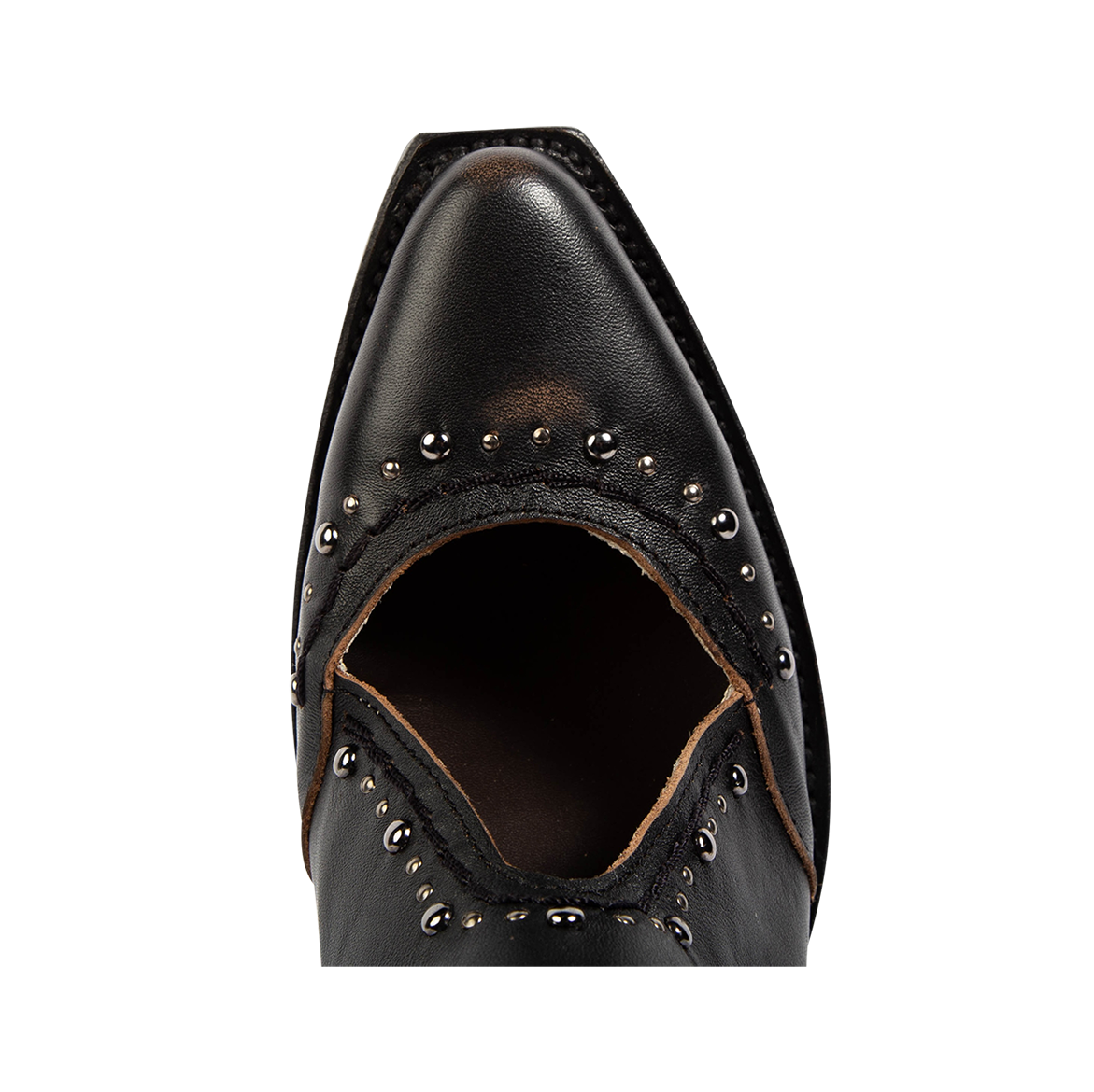 Top view showing a slim snip toe and open instep construction with silver stud detailing on FREEBIRD women's Melody black leather shoe