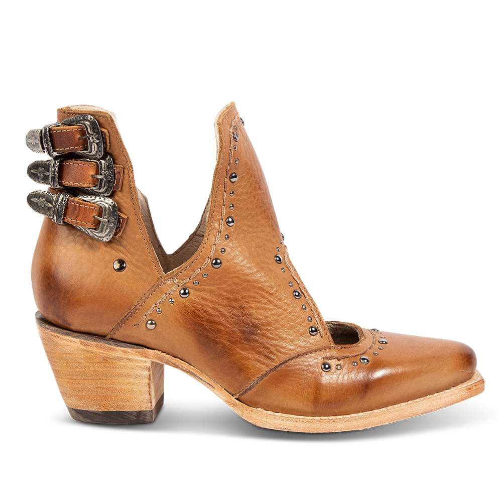 FREEBIRD women's Melody tan leather shoe with v-cut sides, stud detailing, and low heel