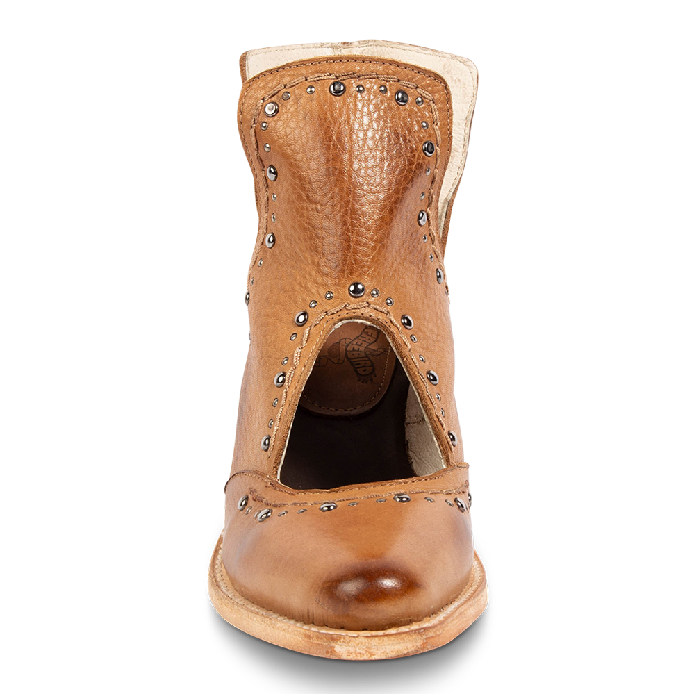 Front view showing instep cutout and silver stud trim detailing on FREEBIRD women's Melody tan leather shoe