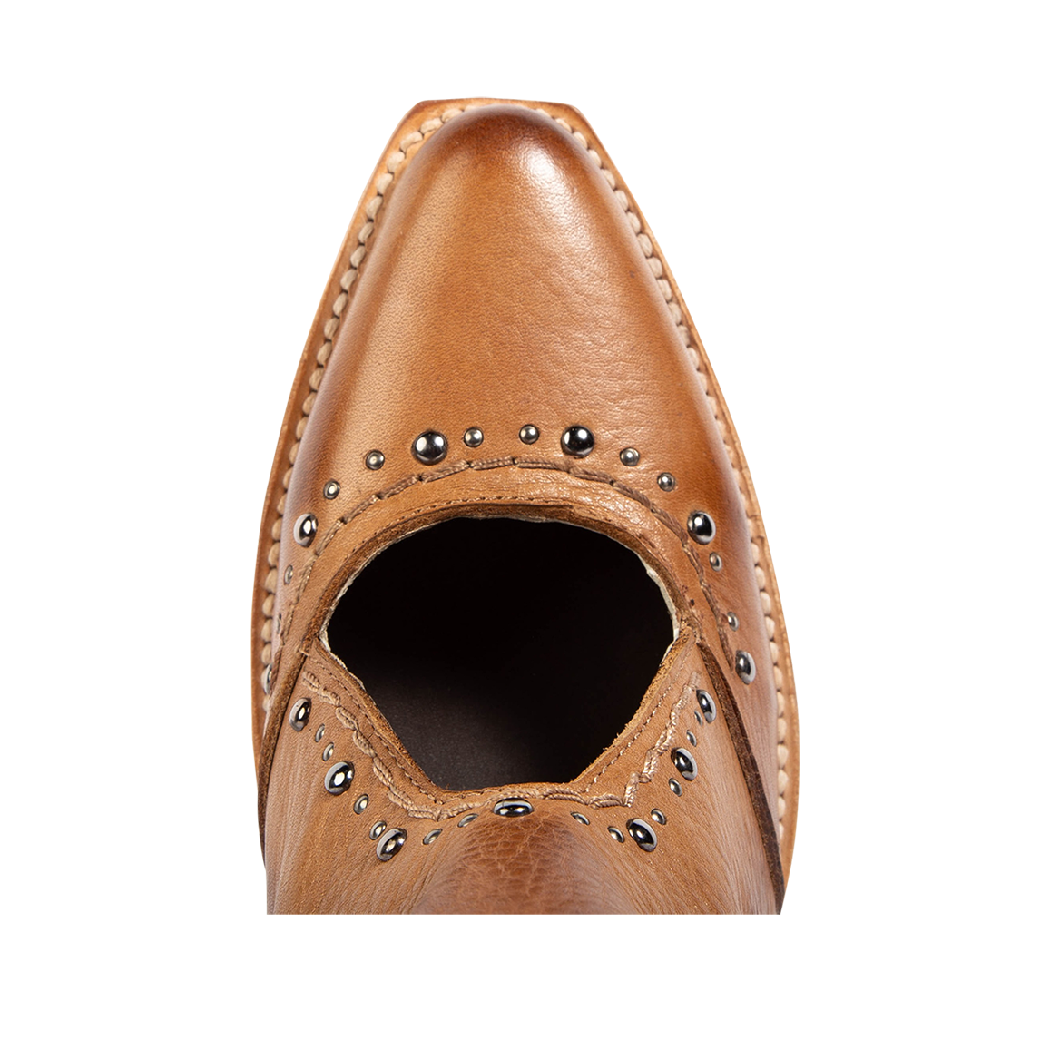 Top view showing a slim snip toe and open instep construction with silver stud detailing on FREEBIRD women's Melody tan leather shoe