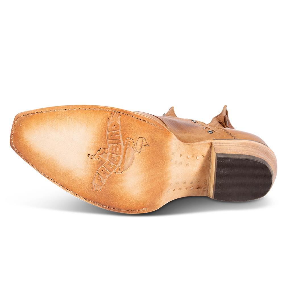 Leather sole imprinted with FREEBIRD on women's Melody tan leather shoe