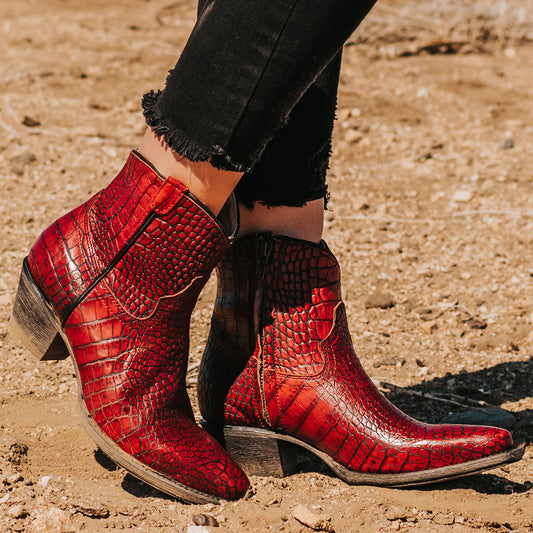 FREEBIRD women's Miramar red croco snip toe ankle bootie with low heel and inside zip closure