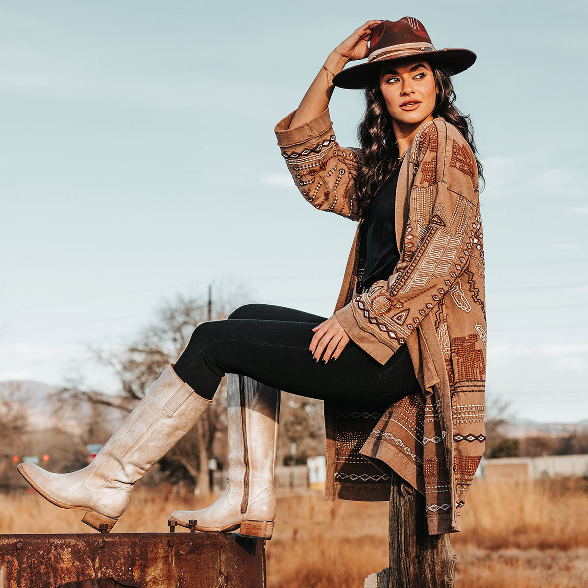 FREEBIRD women's Montana beige leather boot with intricate stitching, leather pull straps and a low block heel lifestyle