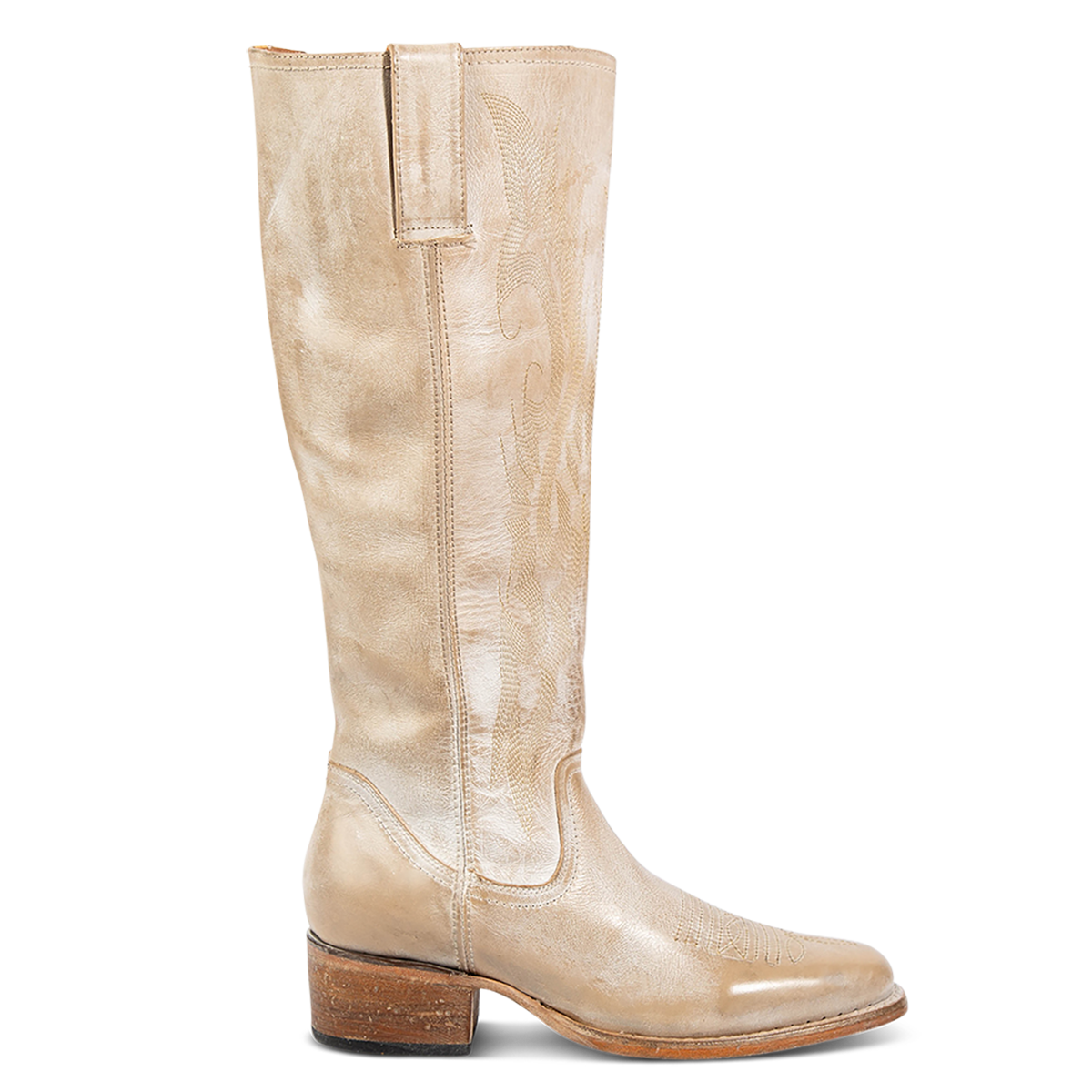 FREEBIRD women's Montana beige leather boot with intricate stitching, leather pull straps and a low block heel
