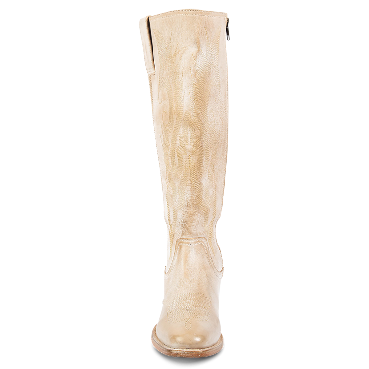 Front view showing intricate shaft detailing, leather pull straps and a rounded toe on FREEBIRD women's Montana beige leather boot