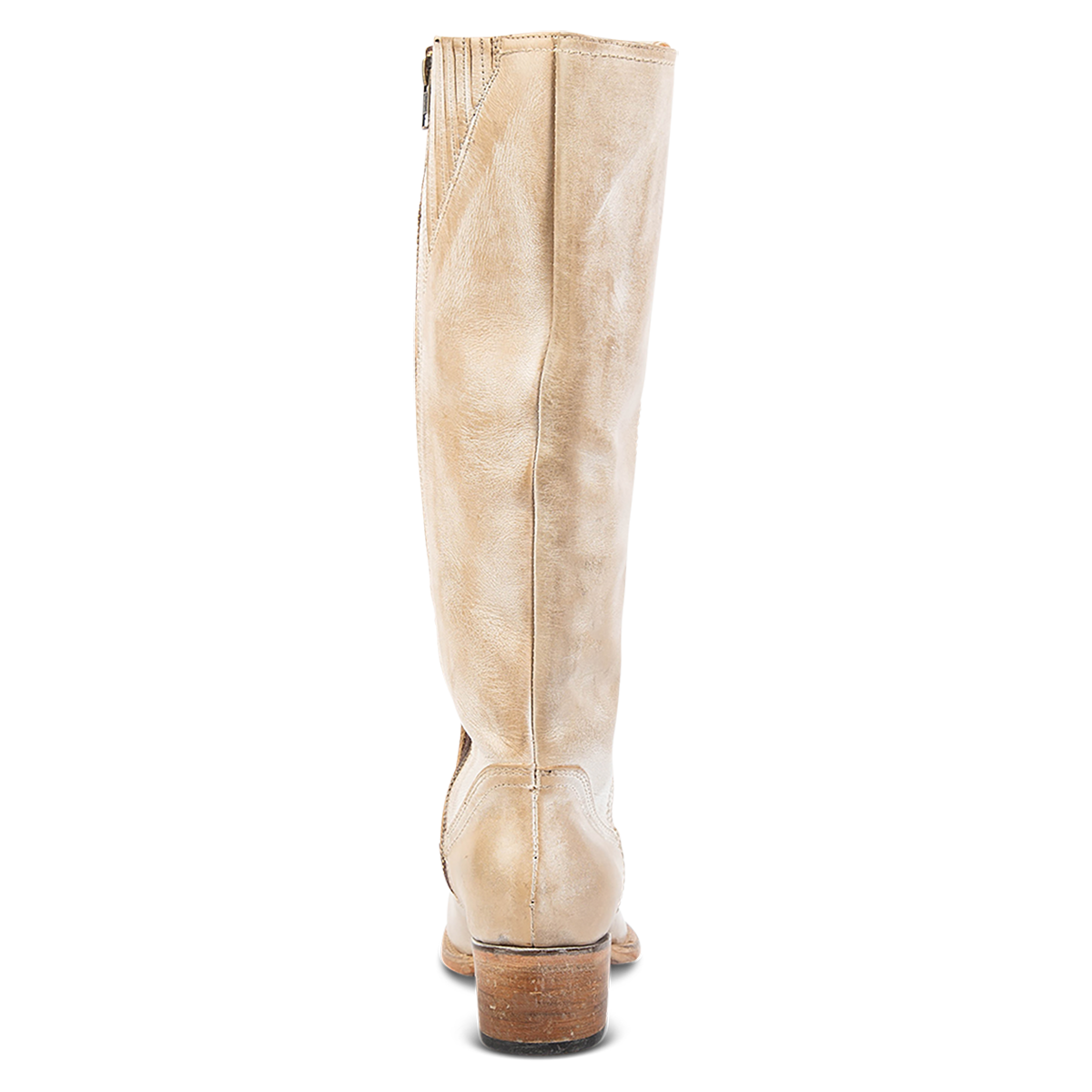 Back view showing a low block heel, gore detailing and a tall leather shaft on FREEBIRD women's Montana beige leather boot 