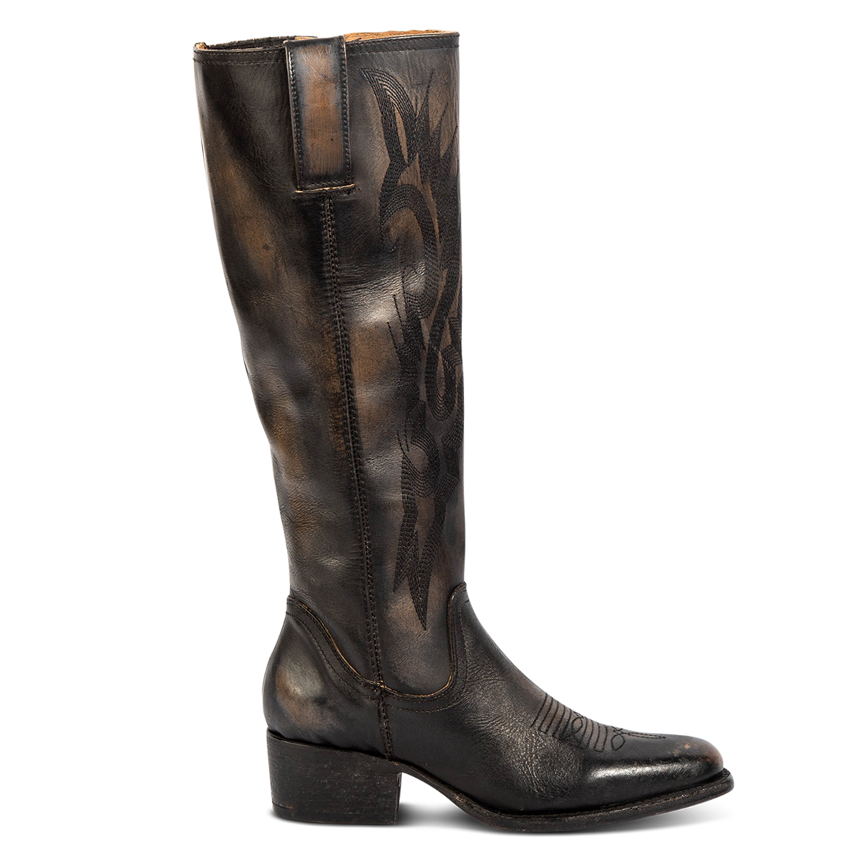 FREEBIRD women's Montana black leather boot with intricate stitching, leather pull straps and a low block heel