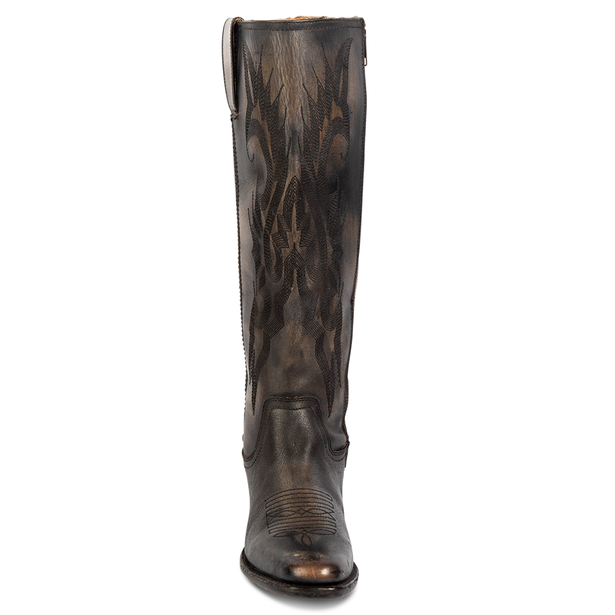 Front view showing intricate shaft detailing, leather pull straps and a rounded toe on FREEBIRD women's Montana black leather boot